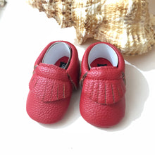 Load image into Gallery viewer, Red Fringe Baby Moccasins
